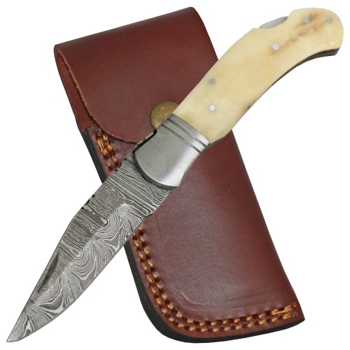Haller, pocket knife, two-handed knife, horn handle, leather sheath