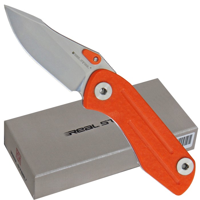 Real Steel, pocket knife, orange, G10 scales, framelock, thumb pin, clip