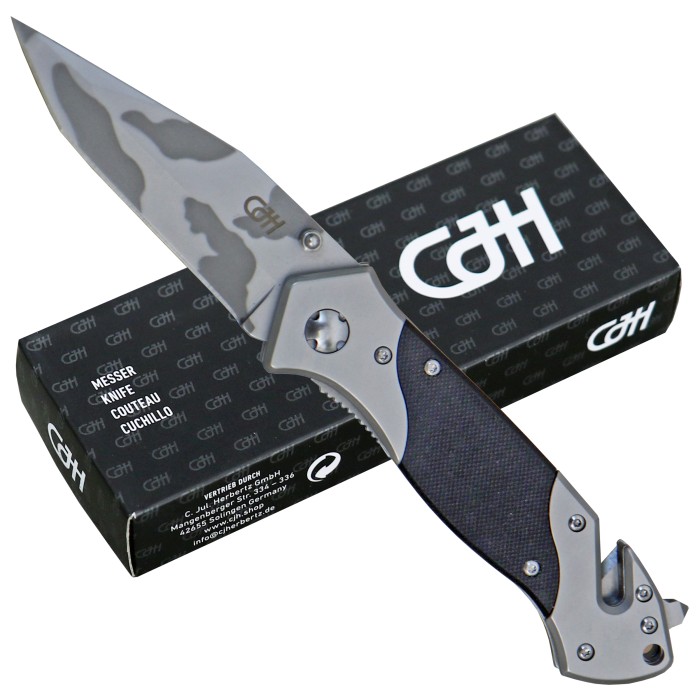 CJH Rettungsmesser, Einhandmesser, Camo Klinge, G10 Schalen