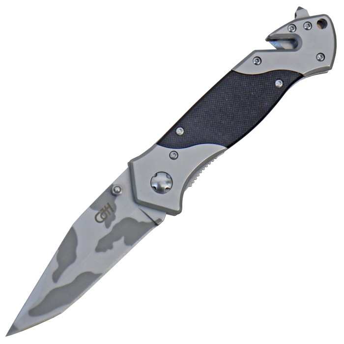 CJH Rettungsmesser, Einhandmesser, Camo Klinge, G10 Schalen