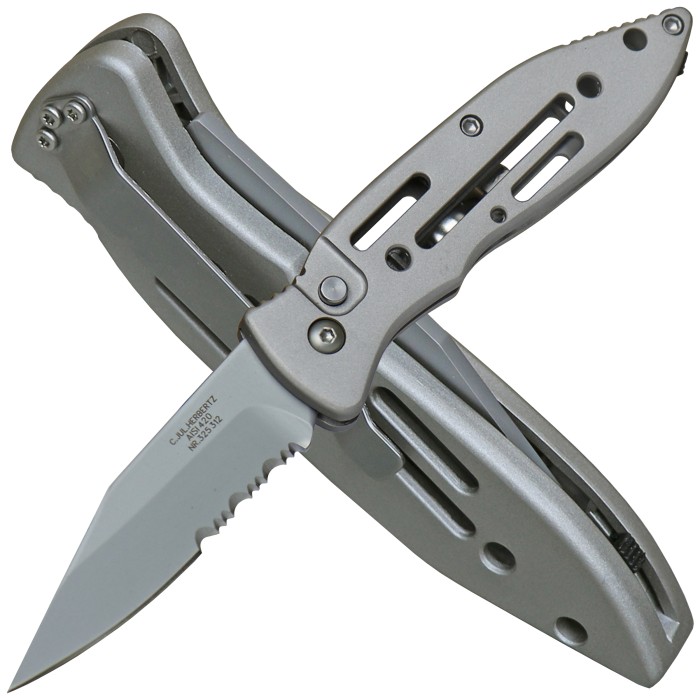 Herbertz Switchblade Knife with Safety Catch, Partial Serration, Silver